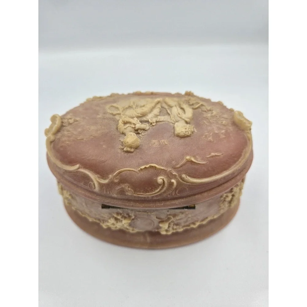 Vintage Incolay Stone Pink Box Victorian Scene Handcrafted USA Jewelry Floral